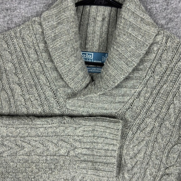Polo Ralph Lauren Sweater Mens XL Gray Cable Knit Shawl Collar 100% Lambs Wool